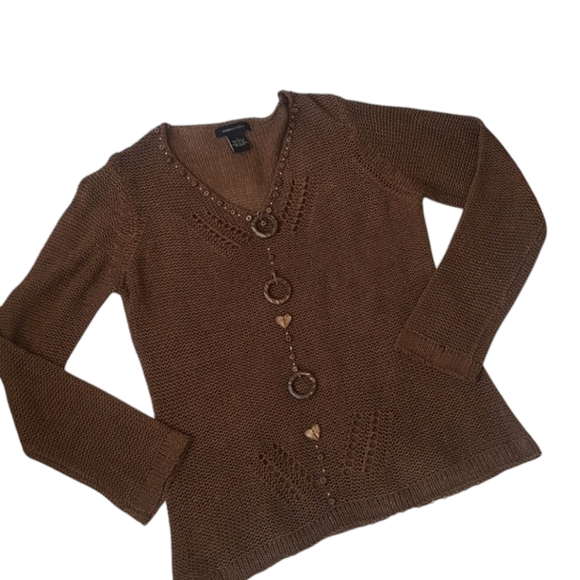 BCBGMaxAzria Boho Brown Crochet Open Knit Pullover Top V-neck Sweater Wood - Picture 3 of 10